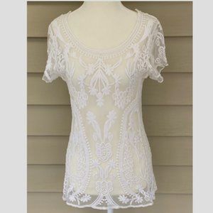 Dulcie Embrodered Sheer Floral Lace Top White Size Large